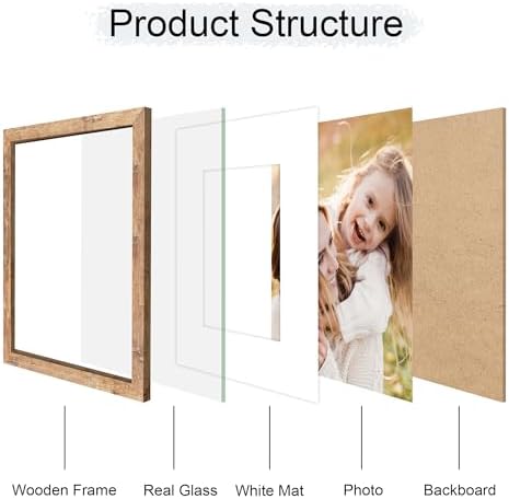 11x14 Picture Frame Set of 2, 11 x 14 Wood Photo Frames with Mat for 8x10, Natural Wooden Frame with Real Glass Cover for Wall and Tabletop Display,Brown - Image 3