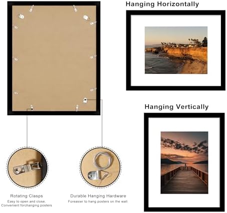 16x20 Poster Frame Set of 2, 16 x 20 Wood Picture Frames with Mat for 11x14, Wooden Photo Frame with Tempered Glass Cover for Wall Mounting Display, Black - Image 4