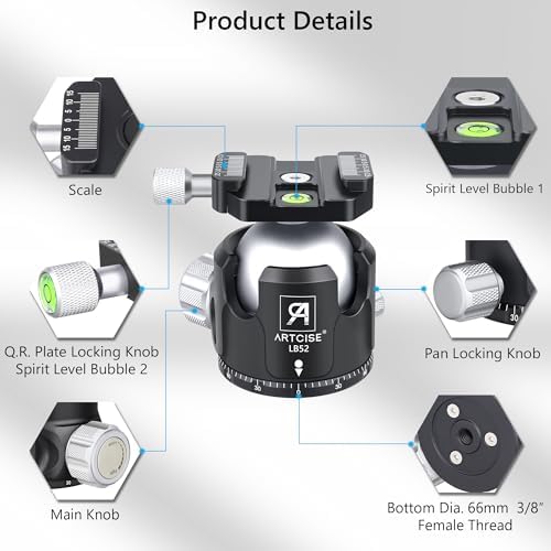 Low Profile Ball Head Tripod Mount Ball Head 52mm Diameter ARTCISE LB52 All Metal CNC Machining with Two 1/4" Quick Release Plates for Tripod, Monopod, DSLR, Camcorder，Max Load 66lbs /30kg - Image 4