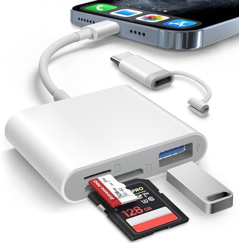 AkHolz SD Card Reader for iPhone iPad Built-in Lightening & USB-C Dual Connectors Card Adapter with SD MicroSD USB-A 3 Slots Trail Camera Memory Card Viewer, Portable No App Required Plug and Play by AkHolz