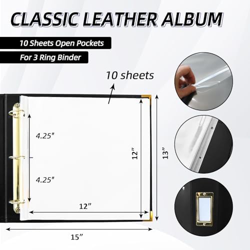 12x12 Photo Album 3 Ring Binder, Leather Cover Scrapbook Album 12x12 D-Ring with 10 Scrapbook Refill Pages Protective Plastic Sleeves - Black - Image 2