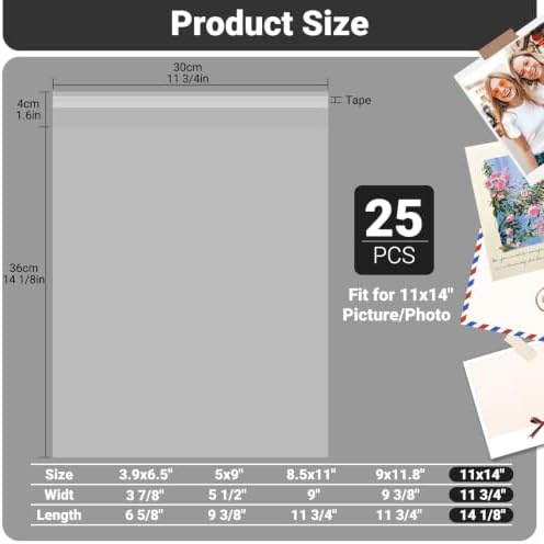 25 Pack 11x14 Plastic Sleeves for Prints - Acid Free 11x14 Clear Plastic Sleeves for Art Prints Photo Paper, Clear Cellophane Bags Self Adhesive, Comic Book Magazine Protectors for Collectors - Image 2