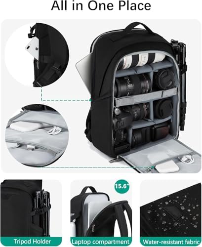 BAGSMART Camera Backpack, DSLR SLR Camera Bag Backpack Fits 15.6 Inch Laptop,Anti-Theft Waterproof Camera Case for Photographers,Men Women,with Rain Cover,Tripod Holder,Black - Image 4