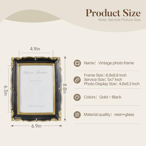 Cuspin 5x7 Picture Frame Black Gold Vintage Ornate Textured Resin Frame - Image 4