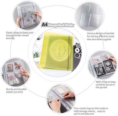 A4 Dies and Stamps Storage Book Binder Folder, Page Protectors Pockets Inserts Organizer for Cutting Dies Stencil Album Stamp Crafts, 1Pcs Yellow Storage Book Cover & 20 Inserts with 1/2/3/4 Pockets - Image 4