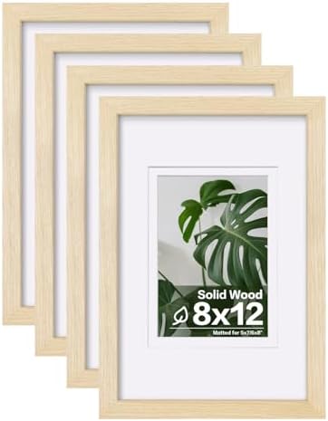 Egofine 8x12 Picture Frames Set of 4, Made of Solid Wood Covered by Plexiglass 5x7 and 6x8 with Mat or 8x12 without Mat, for Table Top Display and Wall Mounting Photo Frame Oak Wood by Egofine