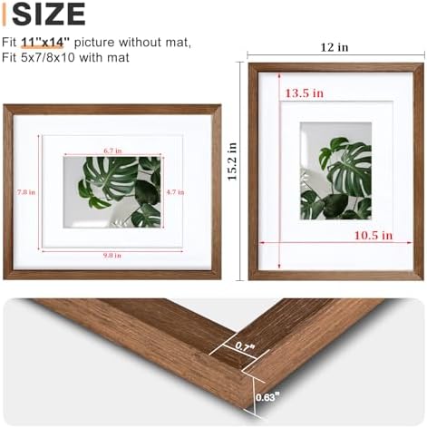 Egofine 11x14 Picture Frames Set of 4, Made of Solid Wood Covered by Plexiglass 5x7 and 8x10 with Mat or 11x14 without Mat, for Table Top Display and Wall Mounting Photo Frame,Walnut Brown - Image 3