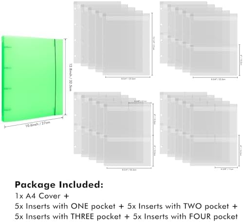 A4 Dies and Stamps Storage Book Binder Folder, Page Protectors Pockets Inserts Organizer for Cutting Dies Stencil Album Stamp Crafts, 1Pcs Green Storage Book Cover & 20 Inserts with 1/2/3/4 Pockets - Image 3
