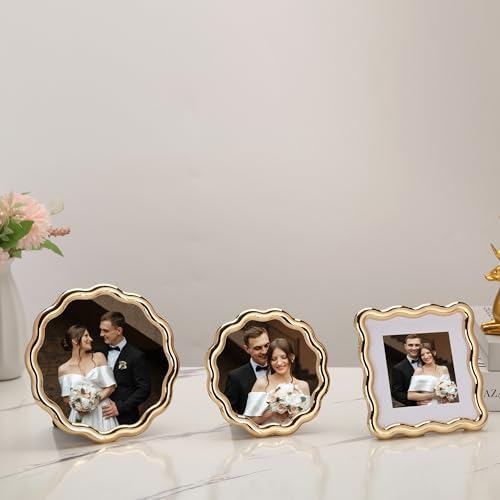 High-End Gold 4x4'' Round Zinc Alloy Picture Frames,Unique Wave Design,Heavy Weight Photo Frame with Premiunm Soft Velvet & Backing for Tabletop or Home Decor - Image 4