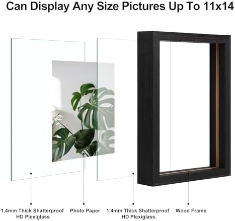Egofine 11x14 Floating Frames Set of 2, Double Plexiglass Picture Frame, Made of Solid Wood Display Any Size Photo up to 11x14, Wall Mount or Tabletop Standing, Faded Black - Image 3