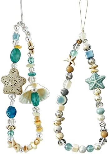 2 Pcs Phone Charm Strap Hand Wrist Strap Camera Lanyard Pearl Beaded Cute Chain String Accessories Universal for iPhone 17 Pro Max 16 15 14 for Samsung Women Girls Keychain Summer Ocean Star and Shell by Casecond