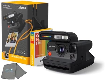 Polaroid Flip Instant Camera + Color Film Bundle (8 Photos Included) - Black - Hyperfocal 4-Lens System, Sonar Autofocus, and Scene Analysis, Bluetooth Companion App, with Lens Cleaning Cloth by Polaroid