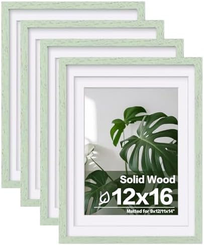 Egofine 12x16 Picture Frames Set of 4, Made of Solid Wood Covered by Plexiglass 9x12 and 11x14 with Mat or 12x16 without Mat, for Wall Mounting Photo Frame Rustic Green by Egofine