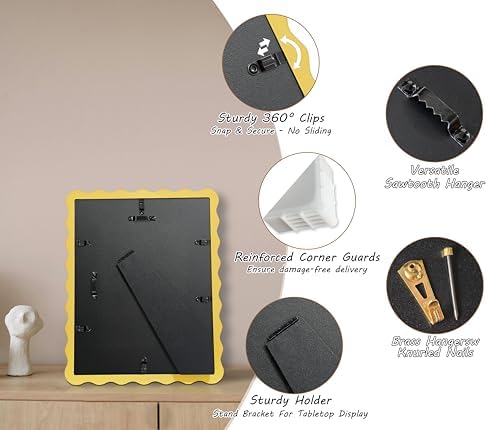 5x7 Yellow Picture Frame with Mat for 4x6, Curved Wavy Edge Deco Wooden Real Glass, Vertical or Horizontal Display Photo Gallery Wall & Tabletop Frame - Image 5