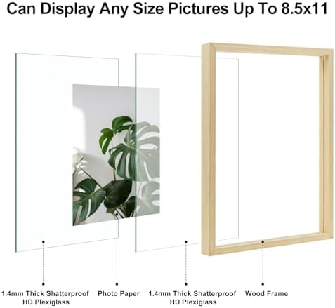 Egofine 8.5x11 Floating Frames Set of 2, Double Plexiglass Picture Frame, Made of Solid Wood Display Any Size Photo up to 8.5x11, Wall Mount or Tabletop Standing, Natural Wood - Image 3