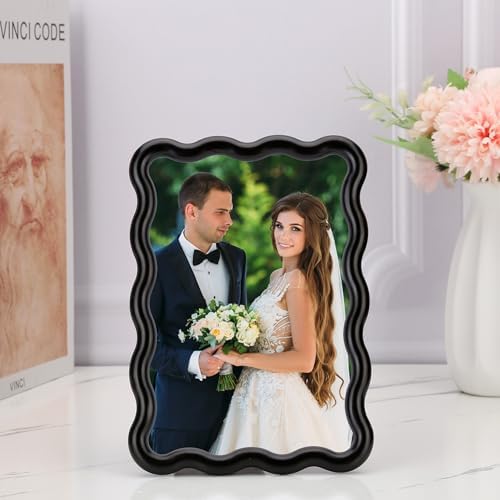 4x6'' Black Heavy Duty Photo Frame,Unique Wave Design High-End Zinc Alloy Picture Frames 6x4'',Fashionable Style Frame with Velvet & Backing for Desktop and Wall Decor - Image 2