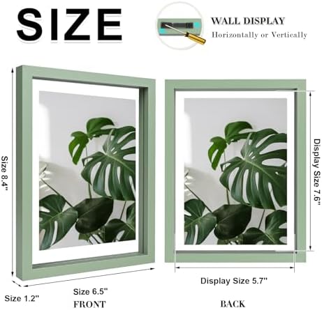 Egofine 6x8 Floating Frames Set of 2, Double Plexiglass Picture Frame, Made of Solid Wood Display Any Size Photo up to 6x8, Wall Mount or Tabletop Standing, Green - Image 2