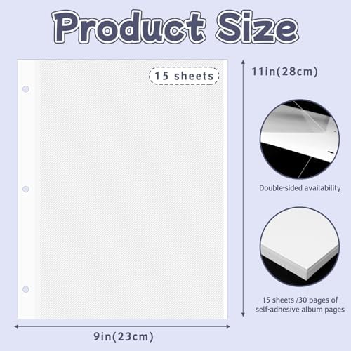 VOKOY 15 Sheets/30 Pages Photo Album Pages for 3 Ring Binder, Self Adhesive Scrapbooking Album Refill Pages Replacement Photo Album Sheets for 2x3 4x6 5x7 8x10 Photo or Cards, 11 x 9 Inch - Image 2