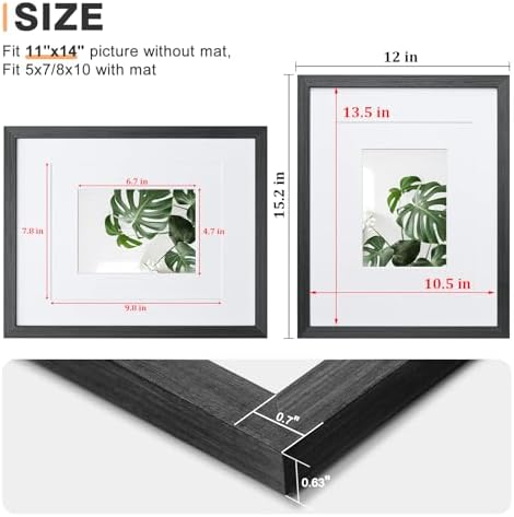 Egofine 11x14 Picture Frames Set of 4, Made of Solid Wood Covered by Plexiglass 5x7 and 8x10 with Mat or 11x14 without Mat, for Table Top Display and Wall Mounting Photo Frame Rustic Black - Image 3