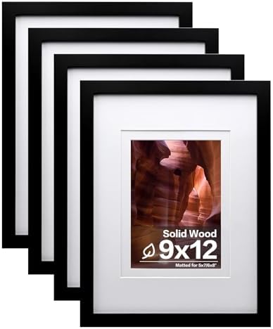 Egofine 9x12 Picture Frames Set of 4, Made of Solid Wood Covered by Plexiglass 5x7 and 6x8 with Mat or 9x12 without Mat, for Table Top Display and Wall Mounting Photo Frame Black by Egofine