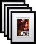 Egofine 9x12 Picture Frames Set of 4, Made of Solid Wood Covered by Plexiglass 5x7 and 6x8 with Mat or 9x12 without Mat, for Table Top Display and Wall Mounting Photo Frame Black by Egofine
