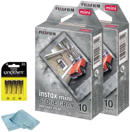 FUJIFILM Instax Mini Stone Gray Instant Film (20 Shots) + 4 AA Batteries + BluebirdSales Microfiber Cleaning Cloth – Creative Photography Bundle (Mini Stone Gray 20 Exposure) by FUJIFILM