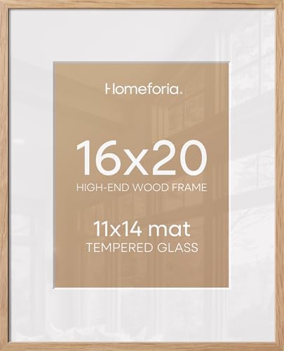 Homeforia 16x20 Natural Oak Picture Frame, High-End Wood, 11x14 Mat, Glass by Homeforia