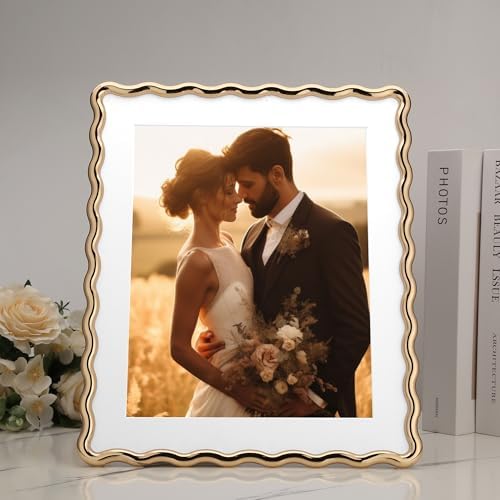 Gold 10x12'' Heavy-Duty Zinc Alloy Picture Frames with Acid Free Mat for 8x10'',Wave Design Gold Picture Frame 10x8'' with Black Premium Velvet Backing,for Desktop and Wall Hanging. - Image 2