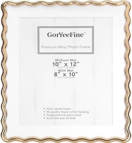 Gold 10x12'' Heavy-Duty Zinc Alloy Picture Frames with Acid Free Mat for 8x10'',Wave Design Gold Picture Frame 10x8'' with Black Premium Velvet Backing,for Desktop and Wall Hanging. by GorYeeFine