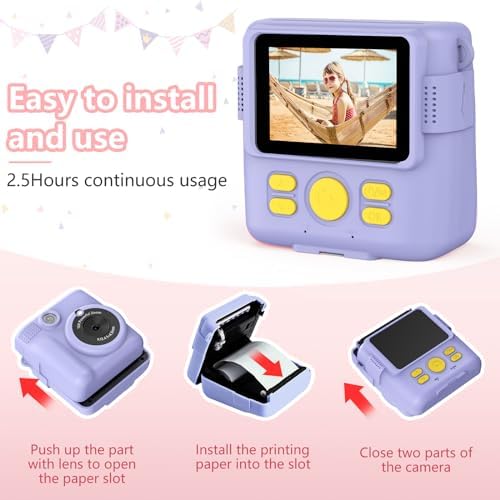 Instant Print Camera for Kids,Christmas Birthday Gifts for Age 3-12 Girls Boys，1080P HD Digital Video Cameras for Toddler,Kids Portable Toy with 3 Rolls Photo Paper，32GB Card-Purple - Image 5