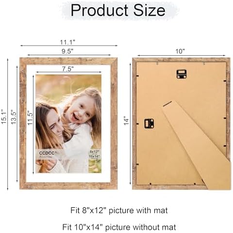 10x14 Picture Frame Set of 2, 10 x 14 Wood Photo Frames with Mat for 8x12, Natural Wooden Frame with Real Glass Cover for Wall and Tabletop Display,Brown - Image 5