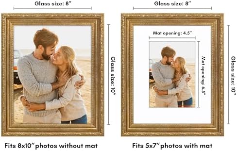 Americanflat 8x10 Picture Frame with Shatter-Resistant Glass - Use as 5x7 Frame with Mat or Display 8x10 Photo Without Mat - Ornate Picture Frames for Wall and Tabletop Display - Gold - Image 2