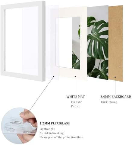 Egofine 6x8 Picture Frames Set of 4, Made of Solid Wood Covered by Plexiglass 4x6 and 5x7 with Mat or 6x8 whitout Mat, for Table Top Display and Wall Mounting Photo Frame White - Image 4