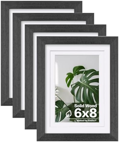 Egofine 6x8 Picture Frames Set of 4, Made of Solid Wood Covered by Plexiglass 4x6 and 5x7 with Mat or 6x8 without Mat, for Table Top Display and Wall Mounting Photo Frame Rustic Black by Egofine