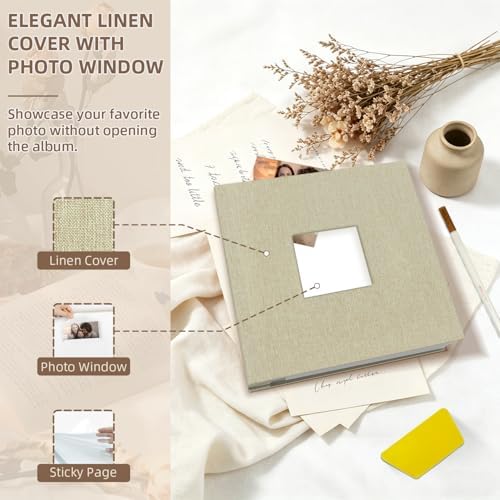 Popotop Photo Album Self Adhesive with Picture Display Window,40 Pages DIY Scrapbooking Supplies Kit for 4x6 8x10 Picture,Linen Cover Memory Book for Baby Wedding, with Scraper and Metallic Pen - Image 3