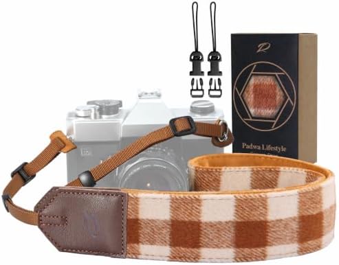 Padwa Lifestyle Camera Strap - 2" Full Grain Leather Ends Camera Straps for Photographers, Unique Vintage Cashmere and Soft Suede Fabric Padded Strap Quick Release fits All Cameras(Beige Brown Check) by PadwaLifestyleCameraStrap