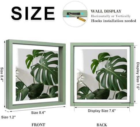 Egofine 8x8 Floating Frames Set of 2, Double Plexiglass Picture Frame, Made of Solid Wood Display Any Size Photo up to 8x8, Wall Mount or Tabletop Standing, Green - Image 2