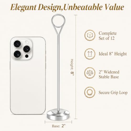 Radezon 12 Pack Silver Table Number Holders, 8inch Weighted Base Place Card Holders for Outdoor Wedding, Windproof Sturdy Metal Photo Stands for Reception Tables, Parties & Events - Image 2