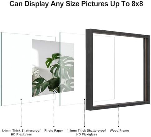 Egofine 8x8 Floating Frames Set of 2, Double Plexiglass Picture Frame, Made of Solid Wood Display Any Size Photo up to 8x8, Wall Mount or Tabletop Standing, Faded Black - Image 3