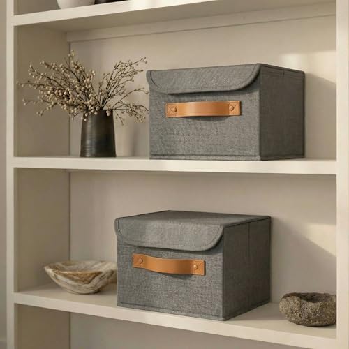 Decorative Linen Storage Boxes with Lids - Spacious Set of 2 Organizer Bins - Image 3
