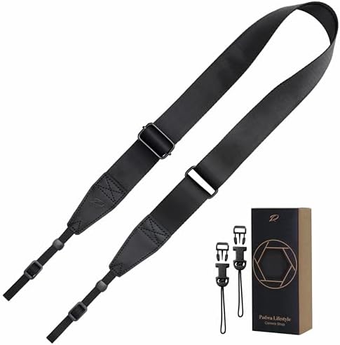 Padwa Lifestyle Black Adjustable Camera Strap - 1.5" Top Layer Cowhide Head Camera Straps for Photographers, Nylon Adjustable Neck Shoulder & Crossbody Strap Quick Release for All Cameras by PadwaLifestyleCameraStrap