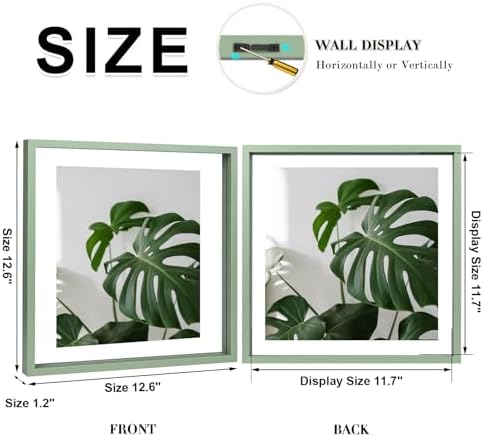 Egofine 12x12 Floating Frames Set of 2, Double Plexiglass Picture Frame, Made of Solid Wood Display Any Size Photo up to 12x12, Wall Mount or Tabletop Standing, Green - Image 2