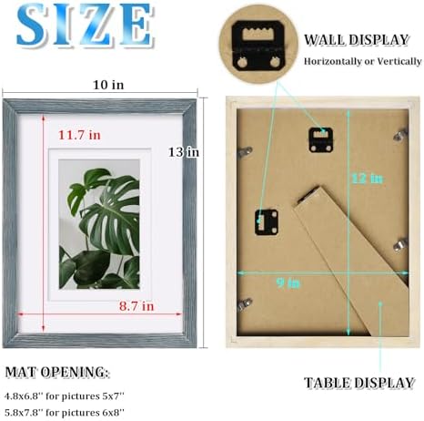 Egofine 9x12 Picture Frames Set of 4, Made of Solid Wood Covered by Plexiglass 5x7 and 6x8 with Mat or 9x12 whitout Mat, for Table Top Display and Wall Mounting Photo Frame Rustic Blue - Image 3