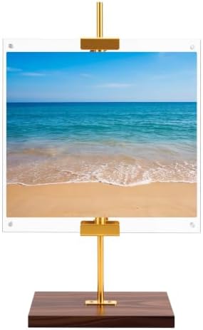RattanView Adjustable Tabletop Easel Stand with Clear Acrylic Floating Photo Frame Set 16.5" Metal Picture Easel Display Stand for Picture, Art, Photos, Poster, Signs(Gold,Wooden Base) by RattanView