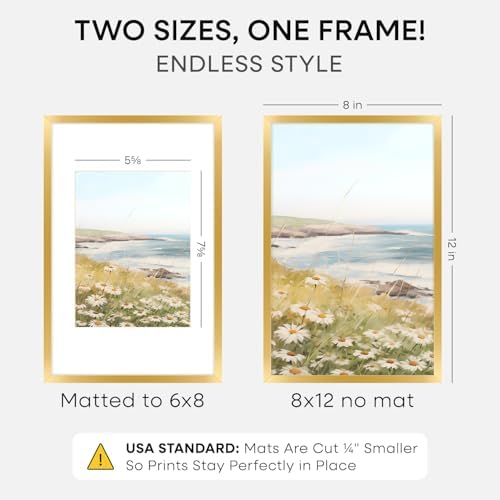 Homeforia 8x12 Gold Picture Frame, High-End Metal, 6x8 Mat, Glass - Image 2