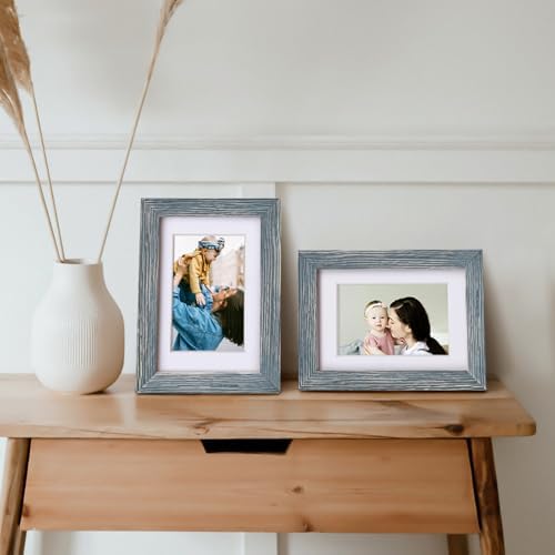 Egofine 4x6 Picture Frames Set of 4, Made of Solid Wood Covered by Plexiglass 3x4.5 and 3.5x5 with Mat or 4x6 without Mat, for Table Top Display and Wall Mounting Photo Frame, Rustic Blue - Image 6
