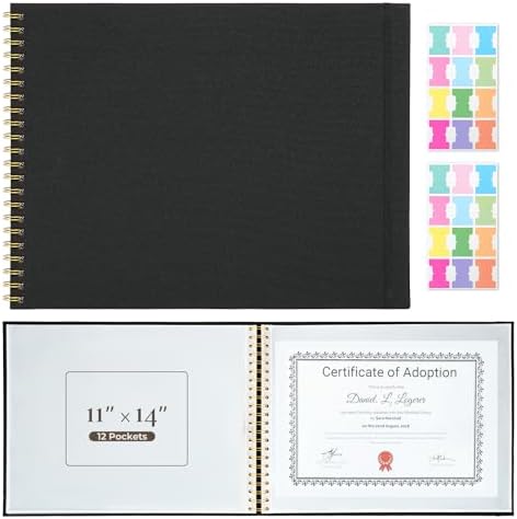 Vienrose Large Scrapbook Album 15.8 x 11.8 Inch, Linen Cover Photo Album with 12 Plastic Sleeves, Spiral Bound DIY Scrapbook for Photos, Kids Artwork, Certificates, Wedding Baby Travel, Black by Vienrose