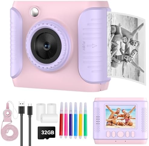 Kids Instant Print Camera,Christmas Birthday Gifts for Girls and Boys,1080P HD Video Digital Kids Camera with Print Paper&32G Card,Toddler Toy for 3-14 Years Old (Pink) by RADEKLY