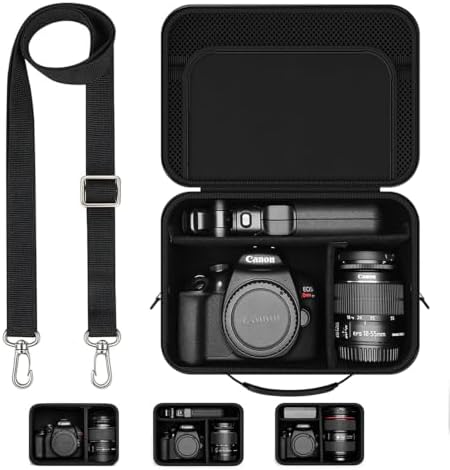 Hard Shell Camera Case Compatible with Canon EOS Rebel T7/R50/R100 and More DSLR & Mirrorless Cameras – Portable Travel Bag with Adjustable Dividers, Mesh Pocket & Shoulder Strap (Black) by Unknown