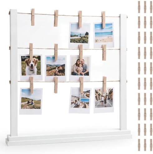 Cinnvoice Desk Photo Display Board with Clips Wooden Photo Holder for Table Picture Collage Board Tabletop White Collage Frame Picture Postcard Display Stand Classroom Wedding Anniversary Home Decor by QinYee